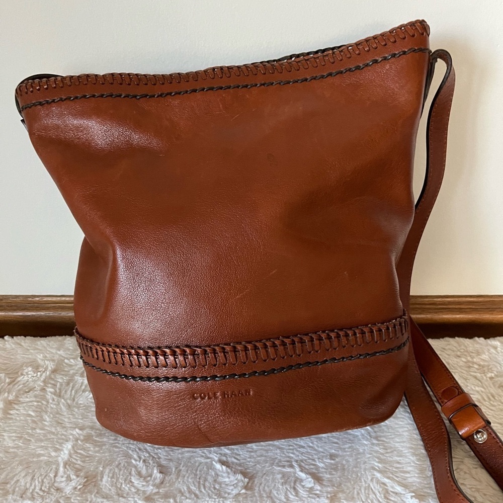 Cole Haan Brown Premium Leather Bucket Bag with Stitching Detail